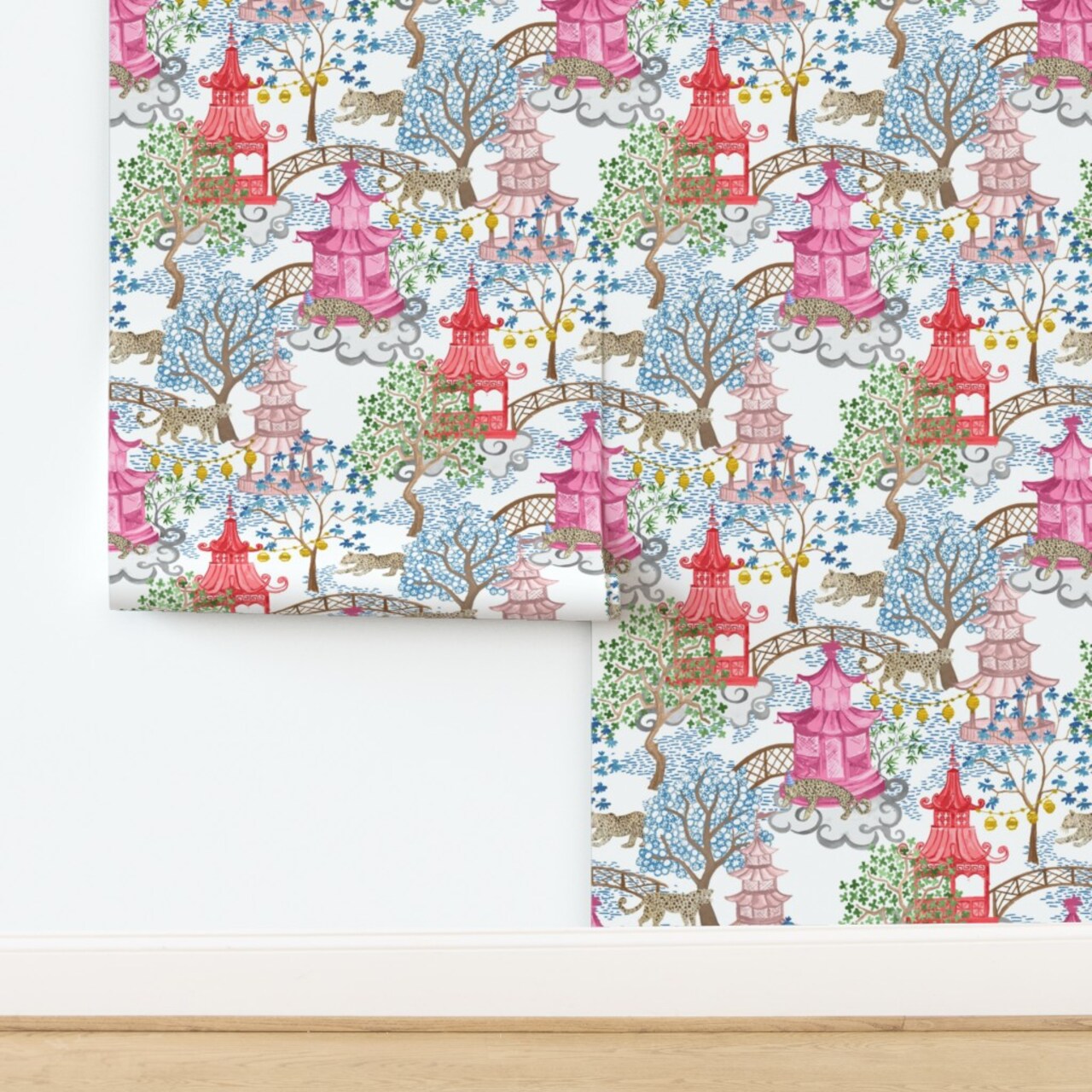 Chinoiserie Pagoda Leopards Bright Whimsical Maximalist Kids Room Custom Removable Wallpaper by Spoonflower Peel & Stick Wallpaper 2FT Wide
